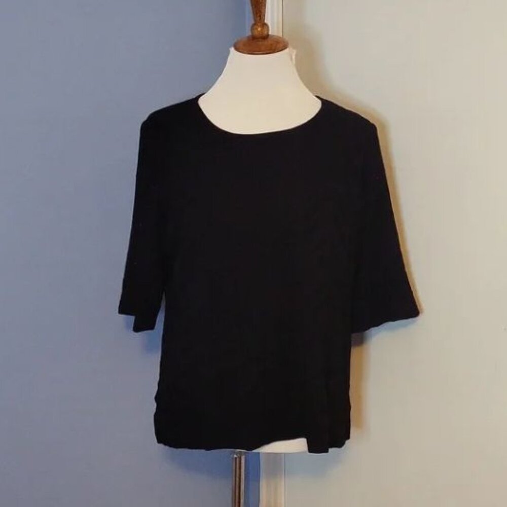 Misook Top Solid Black Knit Chevron Short Sleeves Large